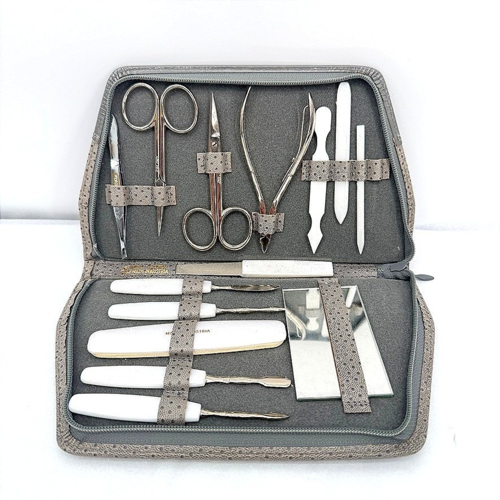 Johnson Stamping Manicure Set VTG Ostrich Embossed Grey Travel Kit Italy‎ Made